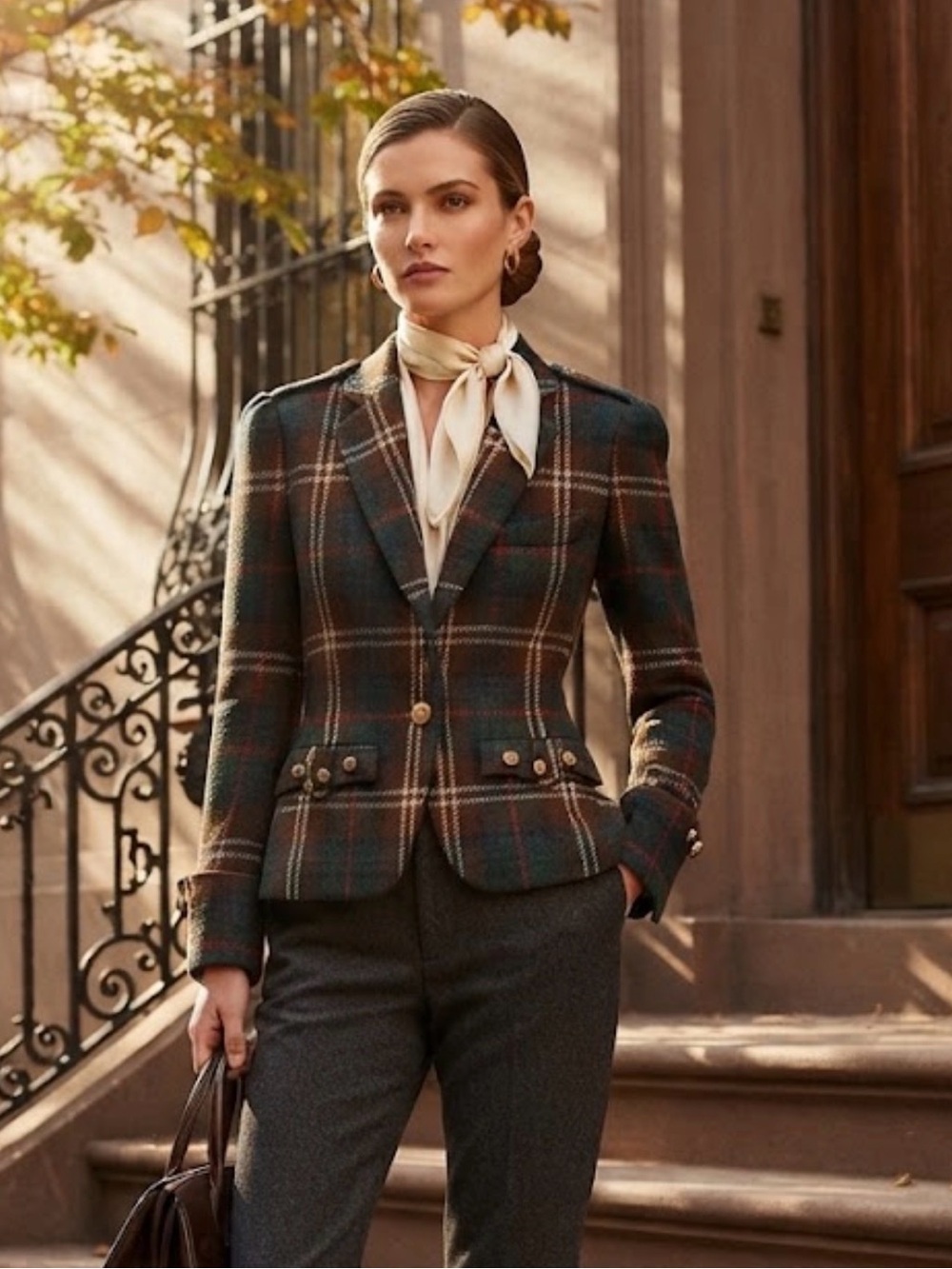 Vintage Ralph Lauren Green Brown Plaid Wool Blazer 6 Equestrian Preppy Academia